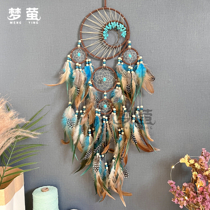 High-grade Turquoise Life Tree Dream Catcher Ornaments Colorful Feather Wind Chimes Wall Decoration Pendant Cross-border Hot Sale