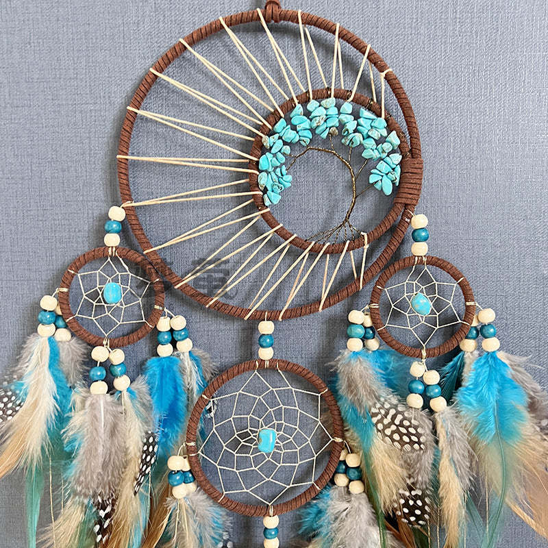 High-grade Turquoise Life Tree Dream Catcher Ornaments Colorful Feather Wind Chimes Wall Decoration Pendant Cross-border Hot Sale